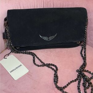 NEW Zadig & Voltaire Black "Rock" Suede Crossbody Bag with Chain